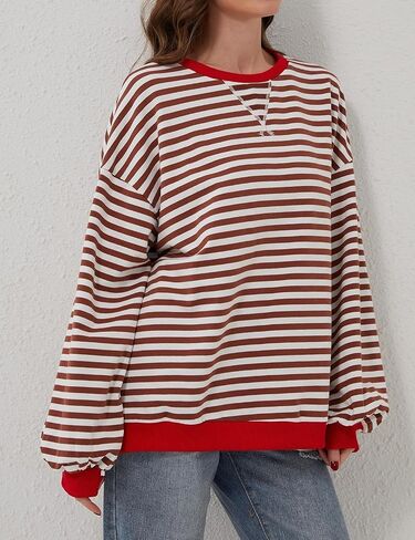 Women Oversized Sweatshirt Long Sleeve Striped Color Block Crewneck Casual Shirts Loose Pullover Y2K Top in Saudi Arabia