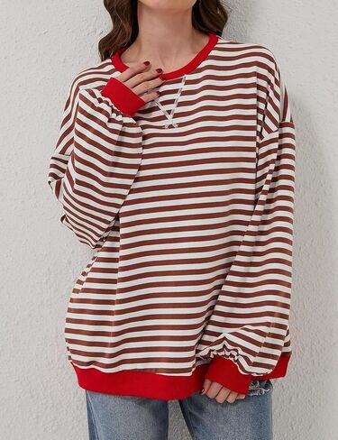 Women Oversized Sweatshirt Long Sleeve Striped Color Block Crewneck Casual Shirts Loose Pullover Y2K Top in Saudi Arabia