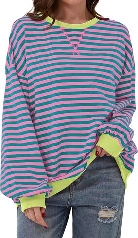 Women Oversized Sweatshirt Long Sleeve Striped Color Block Crewneck Casual Shirts Loose Pullover Y2K Top in Saudi Arabia