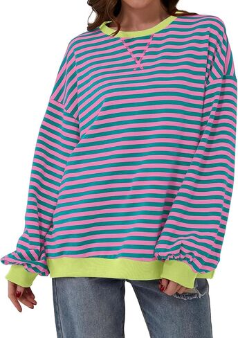 Women Oversized Sweatshirt Long Sleeve Striped Color Block Crewneck Casual Shirts Loose Pullover Y2K Top in Saudi Arabia