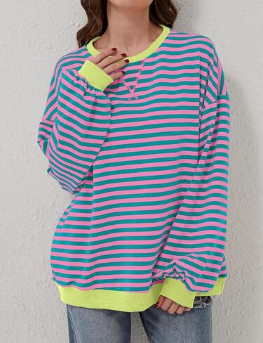Women Oversized Sweatshirt Long Sleeve Striped Color Block Crewneck Casual Shirts Loose Pullover Y2K Top in Saudi Arabia