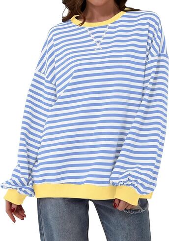 Women Oversized Sweatshirt Long Sleeve Striped Color Block Crewneck Casual Shirts Loose Pullover Y2K Top in Saudi Arabia