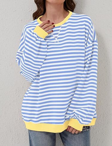 Women Oversized Sweatshirt Long Sleeve Striped Color Block Crewneck Casual Shirts Loose Pullover Y2K Top in Saudi Arabia