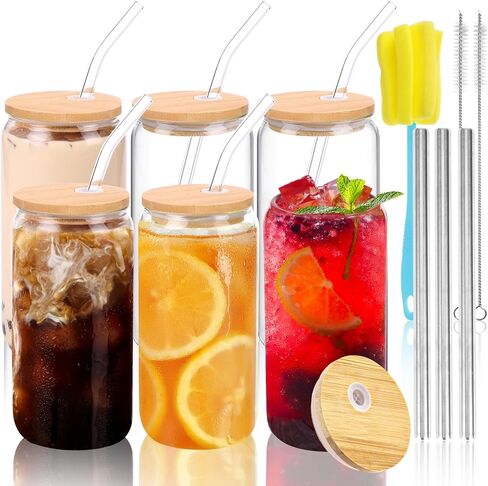 Moretoes Smoothie Cup 6pcs 16oz, Glass Cups with Lids and Straws, Drinking Glasses Set, Cute Tumbler Cup in Saudi Arabia