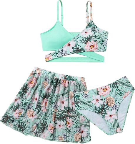 Girl's 3 Piece Bikini Sets Tropical Criss Cross Swimsuit Floral Bathing Suit Beachwear with Cover Up Skirts in Saudi Arabia