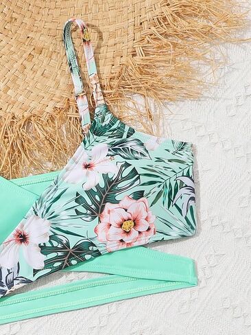 Girl's 3 Piece Bikini Sets Tropical Criss Cross Swimsuit Floral Bathing Suit Beachwear with Cover Up Skirts in Saudi Arabia