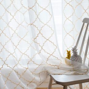 Sheer Curtains White 63 Inches,Embroidered Moroccan Tile Lattice Design Rod Pocket Voile Drapes for Living room, Bedroom, Window Treatment Crinkle Curtain Panels for Villa, Parlor, Set of 2, 52"x 63". in Saudi Arabia