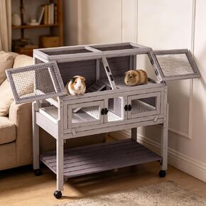 Wooden Guinea Pig Cages Indoor,Two-Story Wooden Rabbit Cage Hutch with Removable Stand and Pull Out Tray, Small Animals Cage Habitat with Ramp and Plastic Mesh(Grey&Purple) in Kuwait