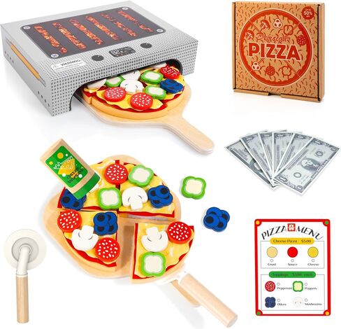 WOODMAM Wooden Pizza Toy, 48 PCS Montessori Pretend Play Food for Ages 3+ in Kuwait