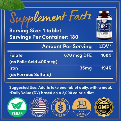 Iron Pills for Women - Iron Supplement for Women with Folic Acid - 6 Month Supply - Anemia, Period, Pregnancy Support Iron Supplements - Ferrous Sulfate, Folate Vitamin B9-180 Vegan Iron Tablets in Kuwait