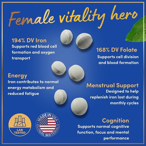 Iron Pills for Women - Iron Supplement for Women with Folic Acid - 6 Month Supply - Anemia, Period, Pregnancy Support Iron Supplements - Ferrous Sulfate, Folate Vitamin B9-180 Vegan Iron Tablets in Kuwait