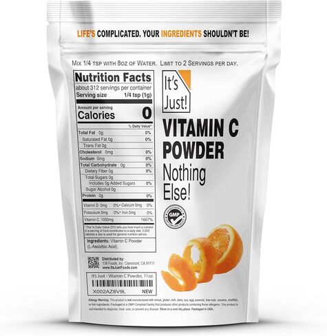 It's Just! - Vitamin C Powder, 100% Pure Ascorbic Acid, Food Grade, Immune Support, Homemade Cosmetics (11oz) in Kuwait