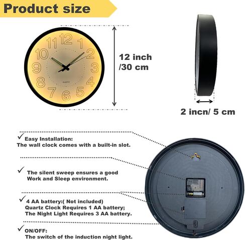 Aerfas 12 Inches Night Light Wall Clocks-with Silent Non-Ticking Glowing Function-Big Solid Numbers Easy to Read Both Day and Night (Black) (Black),WallClocks12 in Kuwait