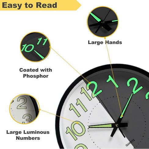 Aerfas 12 Inches Night Light Wall Clocks-with Silent Non-Ticking Glowing Function-Big Solid Numbers Easy to Read Both Day and Night (Black) (Black),WallClocks12 in Kuwait