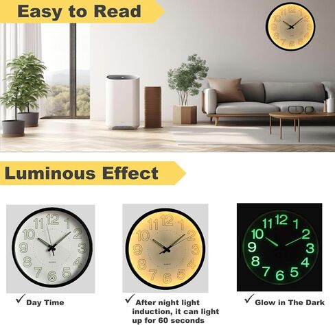 Aerfas 12 Inches Night Light Wall Clocks-with Silent Non-Ticking Glowing Function-Big Solid Numbers Easy to Read Both Day and Night (Black) (Black),WallClocks12 in Kuwait