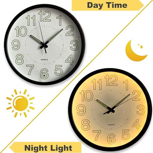 Aerfas 12 Inches Night Light Wall Clocks-with Silent Non-Ticking Glowing Function-Big Solid Numbers Easy to Read Both Day and Night (Black) (Black),WallClocks12 in Kuwait