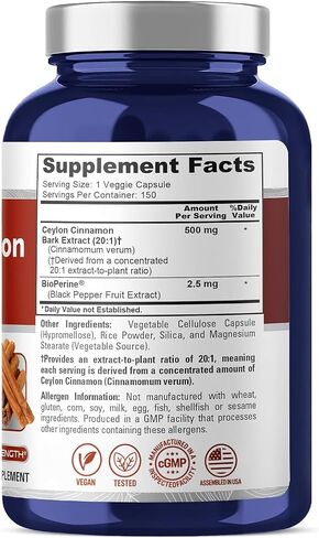 NusaPure Ceylon Cinnamon 10,000mg Per Caps | 150 Veggie Capsules | Non-GMO, Gluten-Free, Vegan with Bioperine in Kuwait