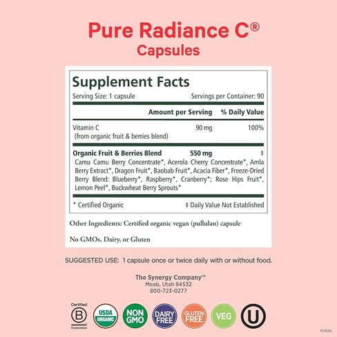 PURE SYNERGY Pure Radiance C | Organic Vitamin C Capsules | 100% Natural, Whole Food, Non-GMO Supplement with Camu Camu Extract | for Immune and Collagen Support (90 Capsules) in Kuwait