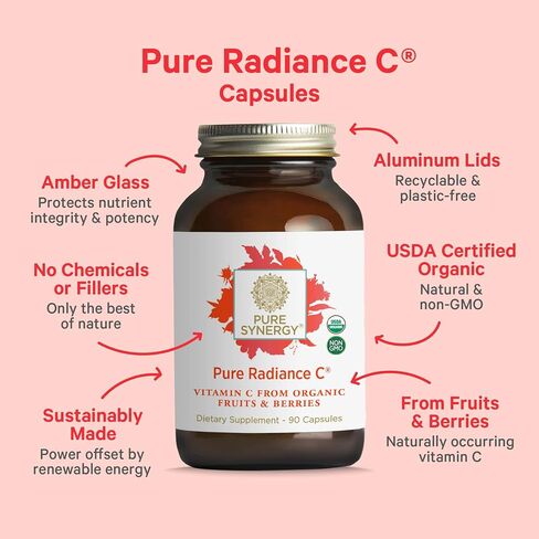 PURE SYNERGY Pure Radiance C | Organic Vitamin C Capsules | 100% Natural, Whole Food, Non-GMO Supplement with Camu Camu Extract | for Immune and Collagen Support (90 Capsules) in Kuwait