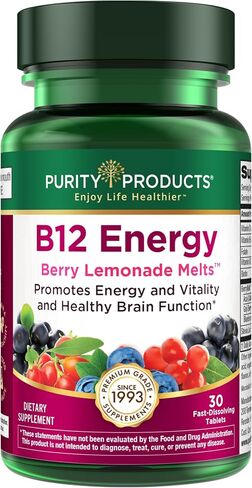 Purity Products B-12 Energy Berry Lemonade Melt w/Super Fruits Methylcobalamin B12 - Vitamins B6, D3, Folic Acid and Biotin - High Absorption MecobalActive B 12-30 Melting Tablets in Kuwait
