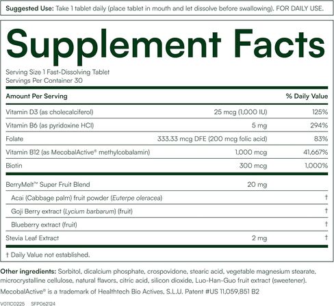 Purity Products B-12 Energy Berry Lemonade Melt w/Super Fruits Methylcobalamin B12 - Vitamins B6, D3, Folic Acid and Biotin - High Absorption MecobalActive B 12-30 Melting Tablets in Kuwait