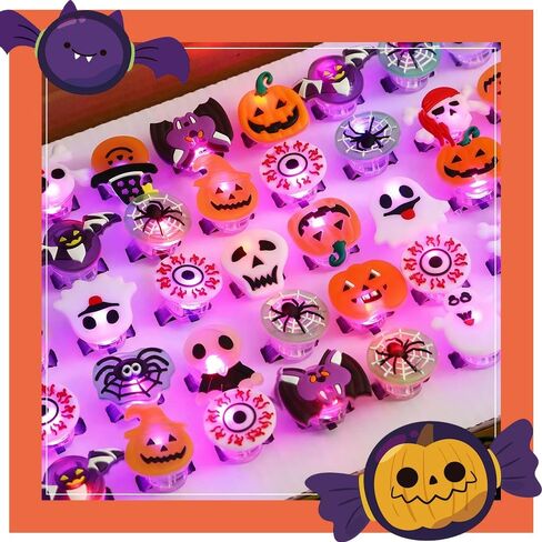 50PCS Halloween Light Up Rings, Assorted Ghost Pumpkin Flash LED Rings Toys Glow in the Dark Rings Toys for Halloween Kids Party Favors in Kuwait