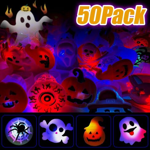 50PCS Halloween Light Up Rings, Assorted Ghost Pumpkin Flash LED Rings Toys Glow in the Dark Rings Toys for Halloween Kids Party Favors in Kuwait