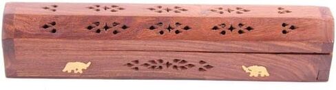 Wooden Incense Box, Agarbati Holder Wooden Hand Carved Incense Burner, Incense Holder, Brass Inlays & Storage Incense Holder Stand, Incense Stick Stand Handmade (12x2.5x3 inch) Peace in Saudi Arabia