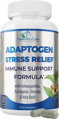 Adaptogen Stress Relief Immune Support Formula - Adaptogenic Adrenal Support with Ashwagandha, Astragalus, Ginseng, Holy Basil, Rhodiola, Amla, Maca, Schisandra, Non-GMO - 60 Capsules in Kuwait