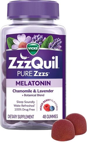 ZzzQuil PURE Zzzs, Melatonin Sleep Aid Gummies with Lavender, Valerian Root and Chamomile, Natural Wildberry Vanilla Flavor, Non-Habit Forming, Drug-Free, 24 Gummies in Kuwait