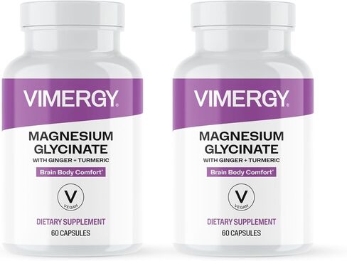 Vimergy Magnesium Glycinate, Travel Size - 30 Servings – with Turmeric & Ginger - Promotes Relaxation & Sleep – Supports Bone, Muscle & Heart Health - Gluten-Free, Kosher, Vegan & Paleo (60ct) in Kuwait