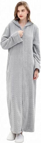 Hellomamma Long Hooded Zipper Bathrobe for Womens Flannel Fleece Robes Winter Warm Housecoat Nightgown Sleepwear Pajamas in Kuwait