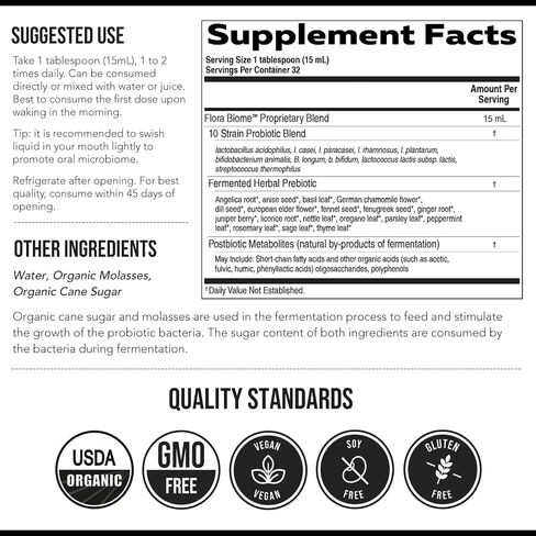 Flora Biome - Live Probiotic, Prebiotic & Postbiotic – Organic Live-Culture – 10 Probiotic Strains, 19 Fermented Herbs, 50 Billion CFU - Complete Gut Health & Microbiome Optimizer (16 oz) in Kuwait
