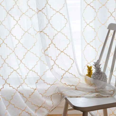 Sheer Curtains White 63 Inches,Embroidered Moroccan Tile Lattice Design Rod Pocket Voile Drapes for Living room, Bedroom, Window Treatment Crinkle Curtain Panels for Villa, Parlor, Set of 2, 52"x 63". in Kuwait