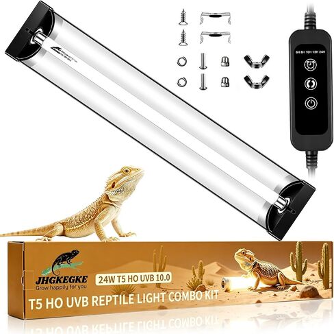T5 10.0 UVB Reptile Light Fixture Combo Kit with Upgraded Timer Controller, 5 Timing 6H/8H/10H/12H/24H Auto Cycle, 8W High Output UVA UVB Light for Desert Bearded Dragon, Lizard, Turtle (12.5Inch) in Kuwait