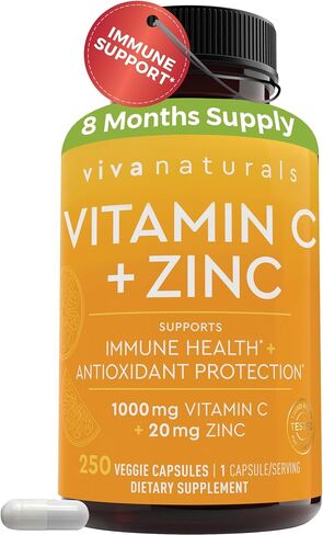 Vitamin C with Zinc (250 Veggie Capsules) - Vitamin C 1000mg and Zinc 20mg with Citrus Bioflavonoids and Rose Hips, Immune Support Supplement and Powerful Antioxidant in Kuwait