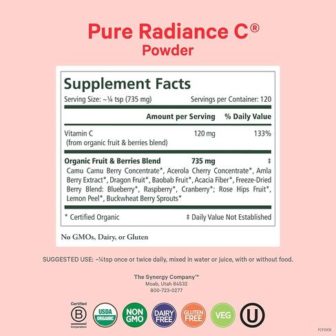 PURE SYNERGY Pure Radiance C | Organic Vitamin C Powder | 100% Natural, Whole Food, Non-GMO Supplement with Camu Camu Extract | For Immune and Collagen Support (4 oz Powder) in Saudi Arabia