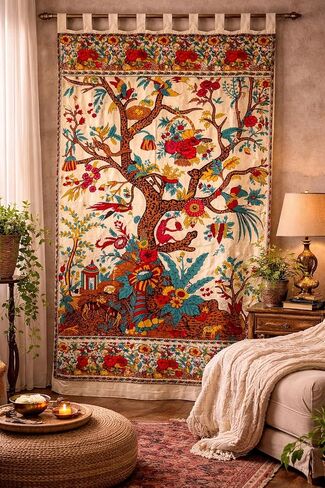 ستارة علوية مطبوع عليها Tree of Life Tab - ستارة باب - لون كريمي من الهند in Kuwait