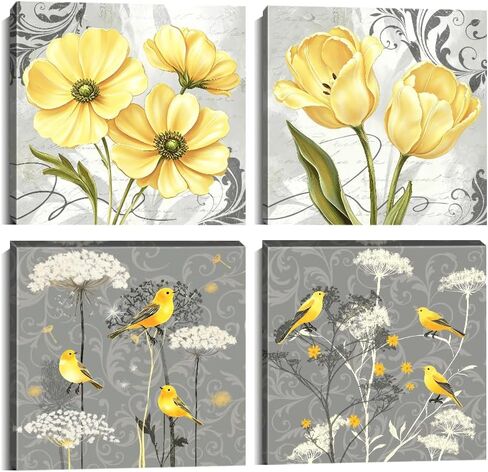 Wall HDQ Flower Wall Art for Bathroom Bedroom Living Room Blue Orange Wall Decor Floral Painting Canvas Print Picture for Home Decorations Framed Artwork Ready to Hang (10x10inchx4) in Kuwait