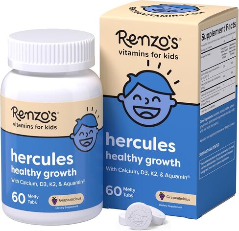 Renzo's Hercules Calcium Supplement with Vitamin D3 & K2 - Dissolving Kids Vitamins - 60 Grape-Flavored Melty Tabs in Saudi Arabia