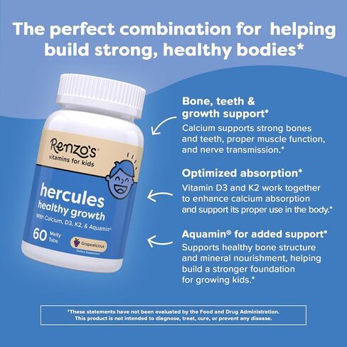 Renzo's Hercules Calcium Supplement with Vitamin D3 & K2 - Dissolving Kids Vitamins - 60 Grape-Flavored Melty Tabs in Saudi Arabia