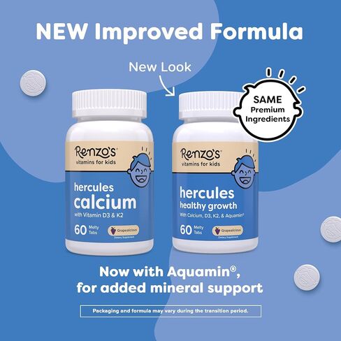 Renzo's Hercules Calcium Supplement with Vitamin D3 & K2 - Dissolving Kids Vitamins - 60 Grape-Flavored Melty Tabs in Saudi Arabia