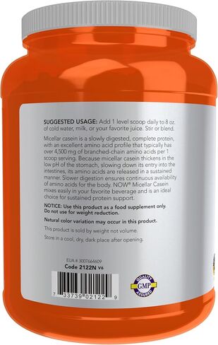 NOW Sports Nutrition, Micellar Casein 19 g, Slow Release, Unflavored Powder, 1.8-Pound in Kuwait