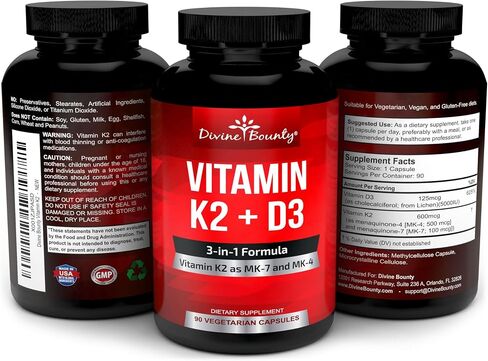 فيتامين K2 (MK7 وMK4) مع مكمل D3 - فيتامين K وD مثل MK-7 100 ميكروجرام، MK-4 500 ميكروجرام، و5000 وحدة دولية فيتامين D3 3 في 1 - دعم العظام والقلب - 90 كبسولة نباتية غير معدلة وراثيًا in Kuwait