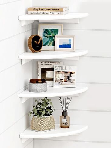 Forbena Corner White Floating Book Shelves for Wall Set of 4, Wood Nursery Corner Bookshelf for Kids Bedroom, Large Modern Round Wall Bookshelves for Living Room Decor, Indoor Plants, Bathroom in Kuwait