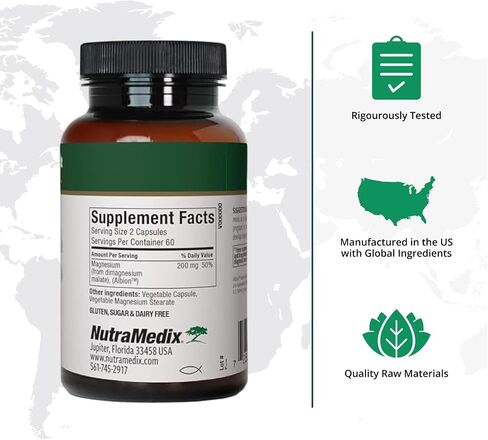 NutraMedix Magnesium Malate 200mg - الطاقة المتوفرة بيولوجيًا، صحة العظام، مكملات دعم العضلات والمفاصل - نباتي، غير معدّل وراثيًا وخالي من الغلوتين، دعم الفيتامينات والمعادن (120 كبسولة نباتية) in Kuwait