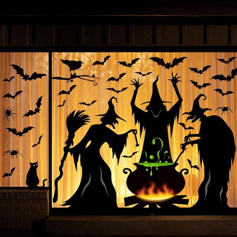 Bunny Chorus Halloween Window Clings Halloween Decorations Indoor Decor, Hocus Pocus Decor Extra Large 3 Witches with Black Cat Bat Spider Cauldron Silhouette Halloween Window Stickers Indoor, School Home Office Party Supplies in Saudi Arabia