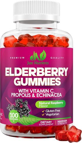 Elderberry Sambucus Gummies with Vitamin C, Echinacea, Propolis (100 count) - Immune Support for Adults & Kids - Extra Strength, Great Tasting Raspberry Flavor - Gluten-Free, Vegan - 100 Gummies in Saudi Arabia