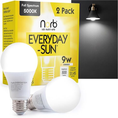 Norb EVERYDAY SUN Light Bulb - Soft Full Spectrum Wellness Lighting with Sun-Mimicking Technology for Energy, Mood & Performance. Supports Sleep/Wake Cycles, 9W, 4000K Soft-Hue, 2 Pack, Budget Priced in Kuwait