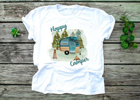 Happy Camper Sublimation Transfer, Ready to Press Sublimation Image, Camp, Outdoors, Camping Gift, Turquoise Trailer, DIY Shirt, Camper in Kuwait